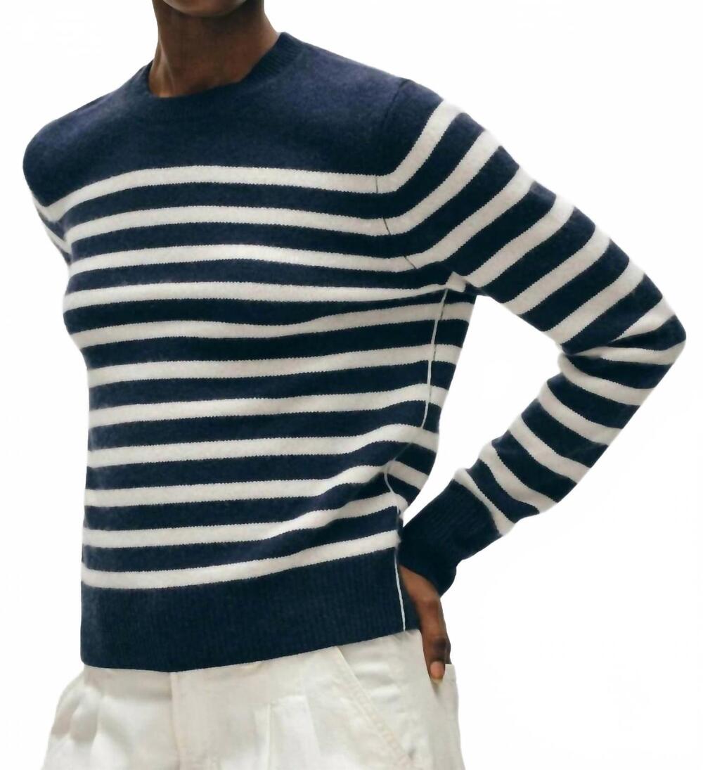 NEW WHITE + WARREN cashmere striped crewneck sweater in deep navy/soft white
